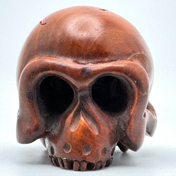Netsuke Large Skull Hardwood Carving Sculpture Japanese Vintage - Picture 1 of 10
